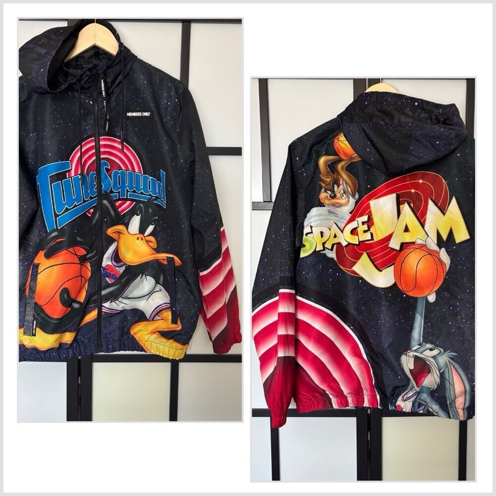 Members Only Space Jam Black ‎ Windbreaker Size M Bugs Daffy Sports Athleisure